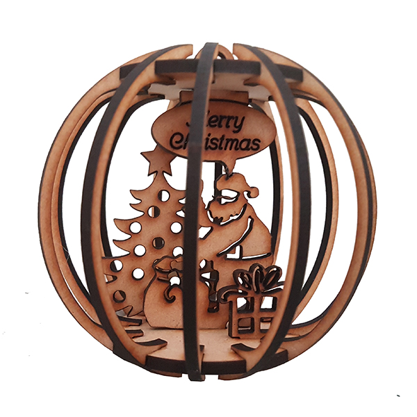 Photo of a wooden Santa in a bauble